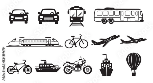 Black and White Transportation Icons Vector Illustration Set Design Template