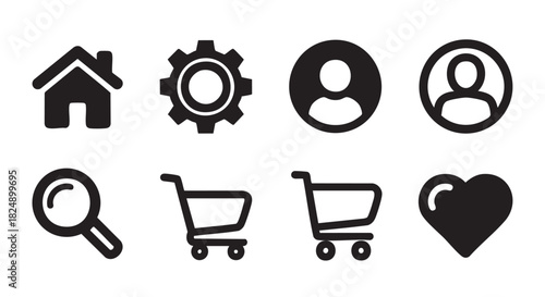 Black and white user interface icons for website and application design