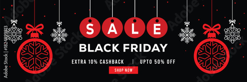 Festive Black Friday sale banner with hanging snowflakes and gift boxes, bold red and white typography on black background, special offer, extra cashback and discounts, modern holiday promotion design