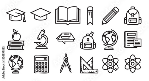 Black line icons representing education knowledge and learning equipment in school