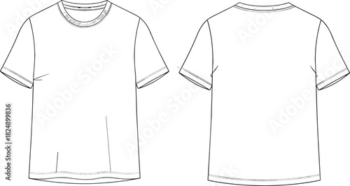 Basic short sleeve t-shirt technical sketch, front and back view, crew neck, flat fashion drawing, apparel design template