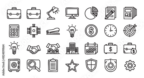 Business and office sketch icons set for creative design needs