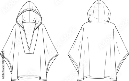 Hooded poncho technical sketch, front and back view, V-neck, wide sleeves, 