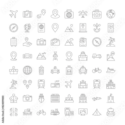 A comprehensive collection of line art vector icons representing various aspects of travel, tourism, and global adventure, perfect for web and app design projects and digital resources
