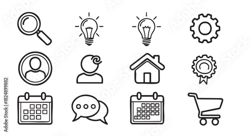 Business and Work Icons depicting Search Idea Profile Schedule and Communication