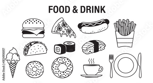 Collection of fast food drawings burger pizza taco sushi and donuts