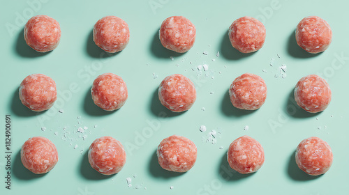 Raw meatballs on a pastel-colored surface