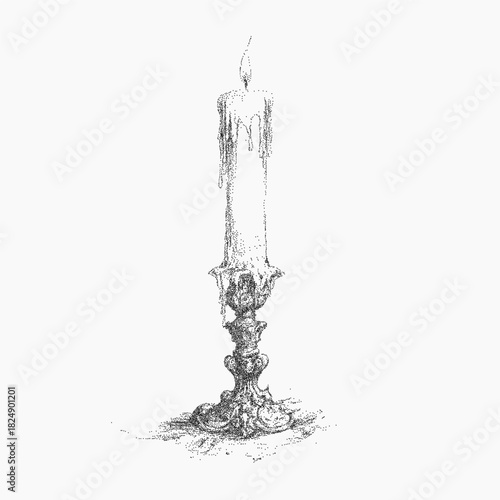 Candlestick with candle. Graphic ink form with speckled grain, retro threshold and gritty dust. Rough surface with subtle stipple marks and faded paper background.