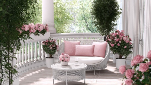 Fototapeta Naklejka Na Ścianę i Meble -  full white manor, semi round balcony, pink peonies, topiary thuja, wicker loveseat + oval tea table, diffused cinema light