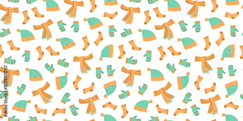 Winter clothing set. Seamless pattern. Knitted hat, scarf, mittens, and socks. Warm clothing collection. Hand-drawn flat illustration. Repeating vector background.