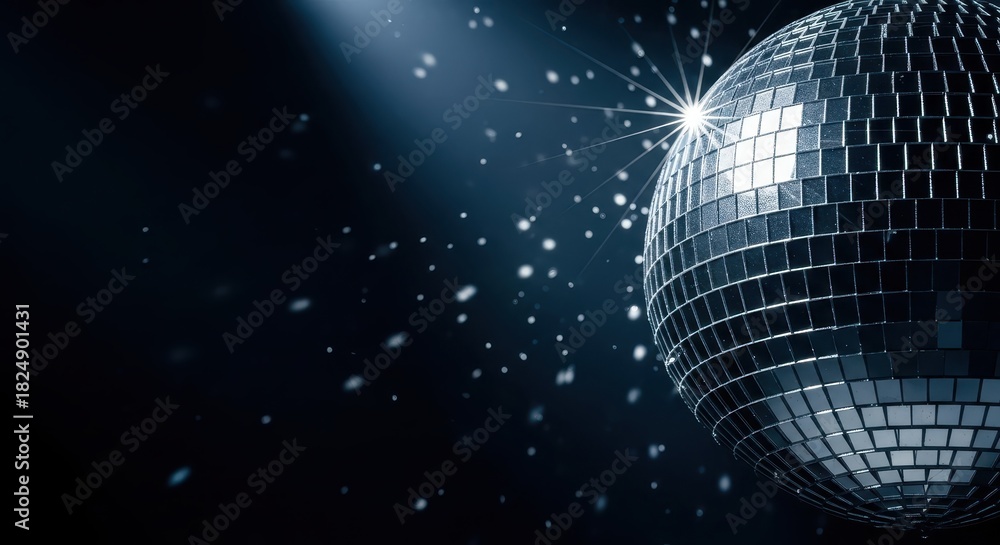 Obraz premium Shining disco ball reflecting light and sparkles in dark setting 