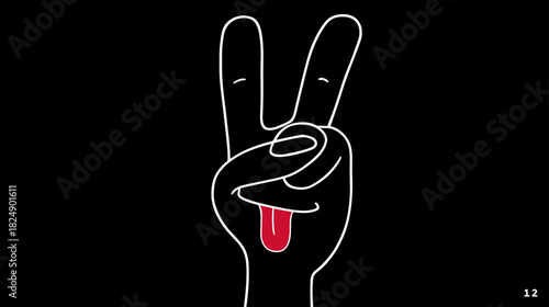 Cheeky peace sign hand gesture with a red tongue sticking out. Modern white line art illustration on a stark black background.