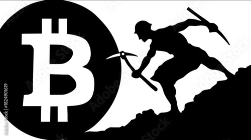 Digital currency mining concept with a worker silhouette and crypto coin symbol, illustrating blockchain technology and virtual finance.
