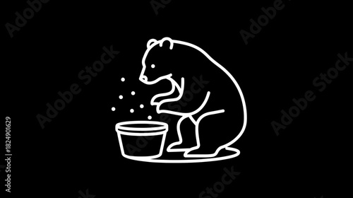 Stylized white line art illustration of a bear eating from a bowl, minimalist animal graphic on black background.