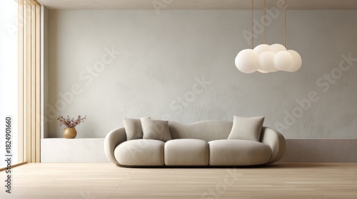 Wallpaper Mural modern soft brutalism living room full view, cloud shaped light sand cotton sofa, pale microcement wall with protruding segment, clean oak floor Torontodigital.ca