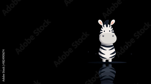 Cute Cartoon Baby Zebra Illustration Standing on Reflective Black Surface with Mirror Reflection and Simple Design
