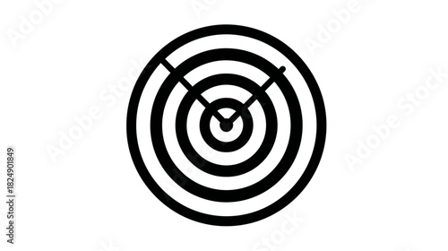 Minimalist black and white vector icon of a radar screen or target with sweeping lines, representing signal, aim, or precision.