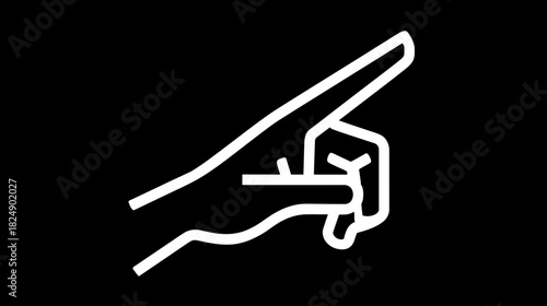 Minimalist white outline hand pointing right icon on black. Directional gesture, choose, select, indicate concept.
