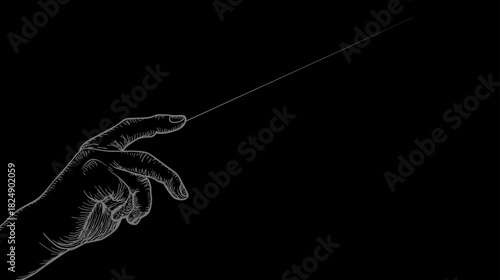 Dramatic illustration of a hand holding a conductor's baton, symbolizing musical performance, leadership, and control on a black background.