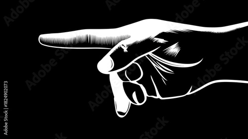 Stylized white human hand pointing left with index finger, isolated on a dramatic black background, vector illustration for direction.