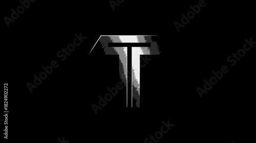 Abstract metallic silver letter T graphic design element with grunge texture on black background. Modern stylized initial icon concept.