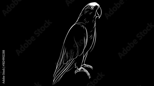 White line art parrot illustration on black background. Modern minimalist bird icon, elegant graphic design element.
