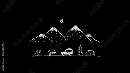 Minimalist Hand-Drawn Outdoor Adventure Illustration with Mountains, Car, Cabins, Pine Trees, and Night Sky