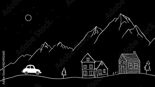 Minimalist Line Art Night Landscape with Car, Houses, and Mountains Under Moonlight – Hand-Drawn Illustration