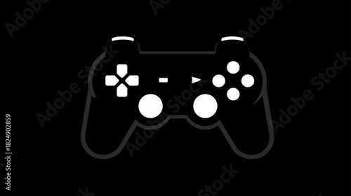 Minimalist White Outline Game Controller Icon on Black Background. Gaming and entertainment graphic symbol.