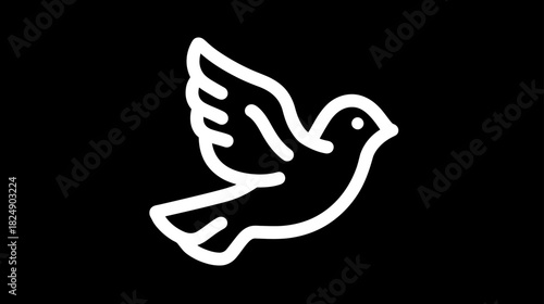 White outline flying dove icon on black background symbolizing peace, freedom, hope, and spirituality
