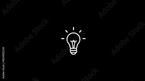 Minimalist white glowing light bulb icon on a black background, symbolizing idea, innovation, inspiration, and creativity