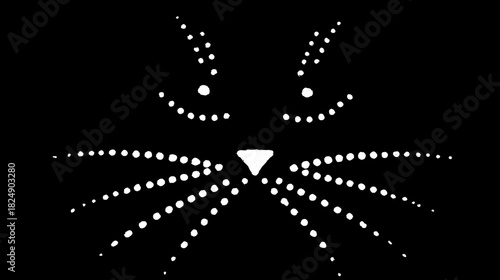 Creative Minimalist Cat Face Illustration Made of White Dots on Black Background, Modern Stylized Feline Design