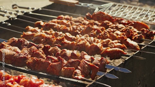 Grilled skewers of marinated meat sizzling on a barbecue, showcasing a mouthwatering array of golden-brown pieces, perfect for outdoor gatherings and summer barbecues. Close-up