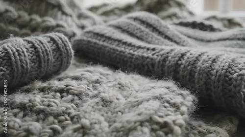 Close up of a knitted gray blanket with intricate patterns.