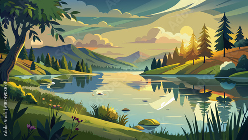 Very beautiful serene view of Lake Marburg in Pennsylvania on a warm summer evening, featuring calm reflective waters, lush green shoreline, and soft golden light creating a tranquil and picturesque l