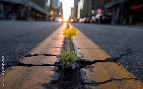 Fototapeta Naklejka Na Ścianę i Meble -  Small yellow flower growing through asphalt crack, urban nature resilience concept, city street sunset background, survival hope growth life, for ecology, environment.