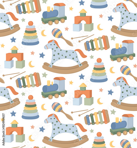 Seamless pattern with cute baby toys. Background with rattle, pyramid, xylophone, rocking horse, toy train, block tower