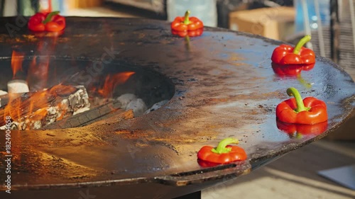 Vibrant red bell peppers placed on a large heated grill, with flames visible in the background. The surface shows a shiny, oily texture, enhancing the cooking atmosphere