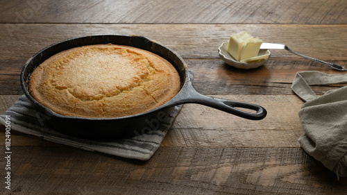 Golden brown, freshly baked, buttermilk cornbread in a cast iron skillet with a side of butter.