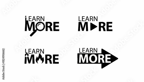 Dynamic 'Learn More' call to action icon set featuring symbols for discovery, engagement, progress, and knowledge on digital platforms