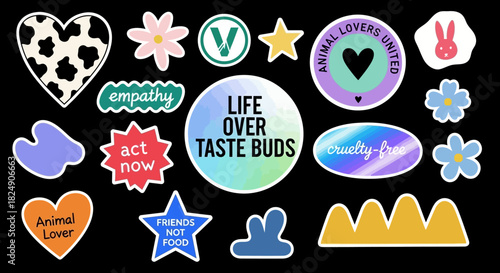 Collection of Vegan Lifestyle Stickers with Animal Rights and Plant-Based Theme