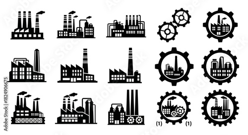 Collection of industrial factory and gear icons representing industry and manufacturing