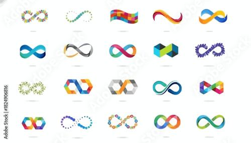 Diverse collection of colorful infinity symbol designs illustrating concepts of eternity, limitless possibilities, and endless loops