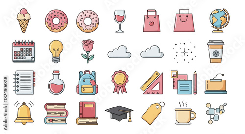 Diverse Collection of Educational and Everyday Icons Representing Learning, Business, and Leisure Activities