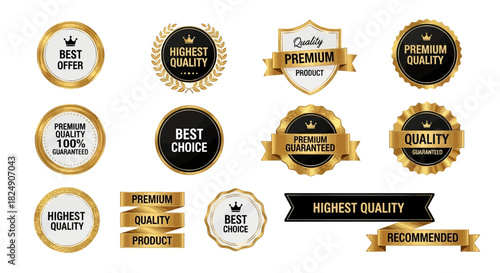 Collection of premium quality golden and black badges and labels, perfect for best offer, highest quality, and recommended product vector illustration designs