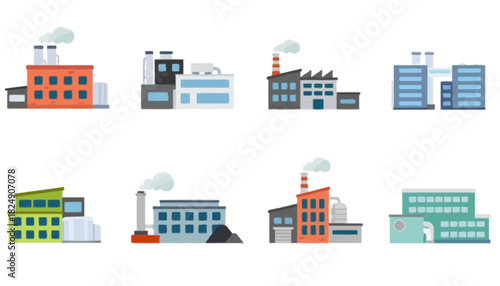 Set of flat design industrial factory buildings. Diverse manufacturing plants, production facilities, and energy stations with chimneys, representing modern industry