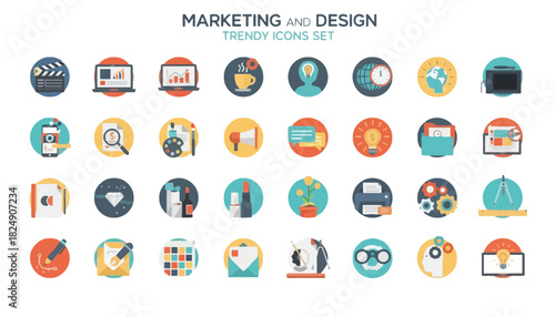 Trendy Marketing and Design Icons Set Flat Vector Illustrations