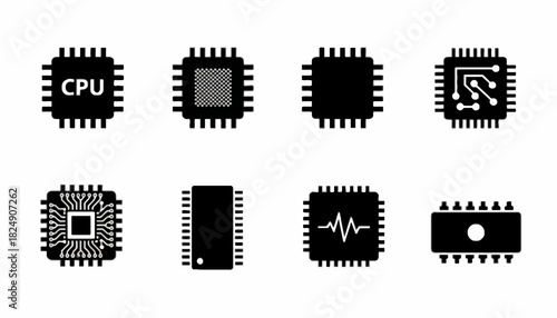 Versatile black and white vector icon collection of microchips, CPUs, and integrated circuits, symbolizing modern digital technology and electronic hardware design