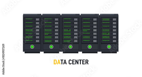 Flat design illustration of multiple data center servers, symbolizing modern information technology, network infrastructure, and digital data storage solutions