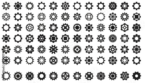 Collection of Various Gear Icons in a Grid, Suitable for Design and Technical Illustrations